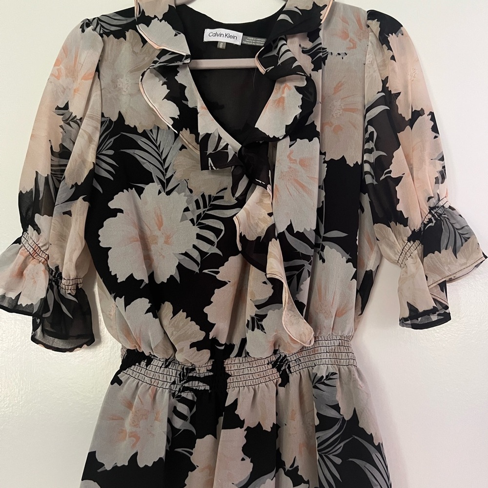 Calvin Klein semi-sheer Black, beige and peach  ruffled Blouse